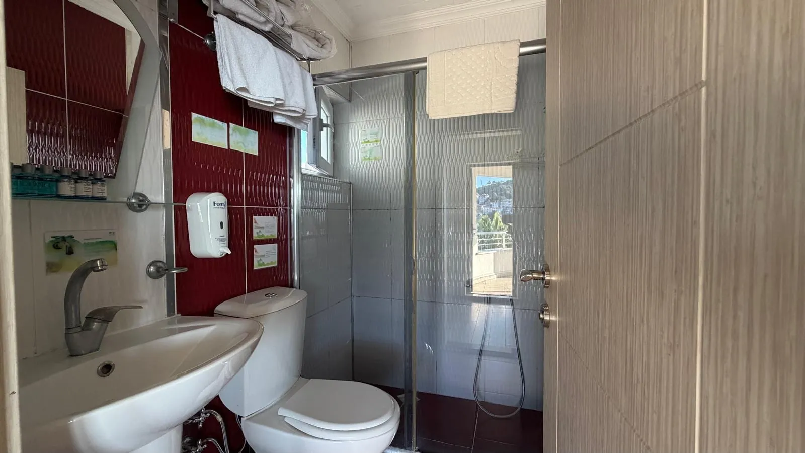 Aile odası banyosu: duşakabin, lavabo, klozet ve bordo duvar paneli
