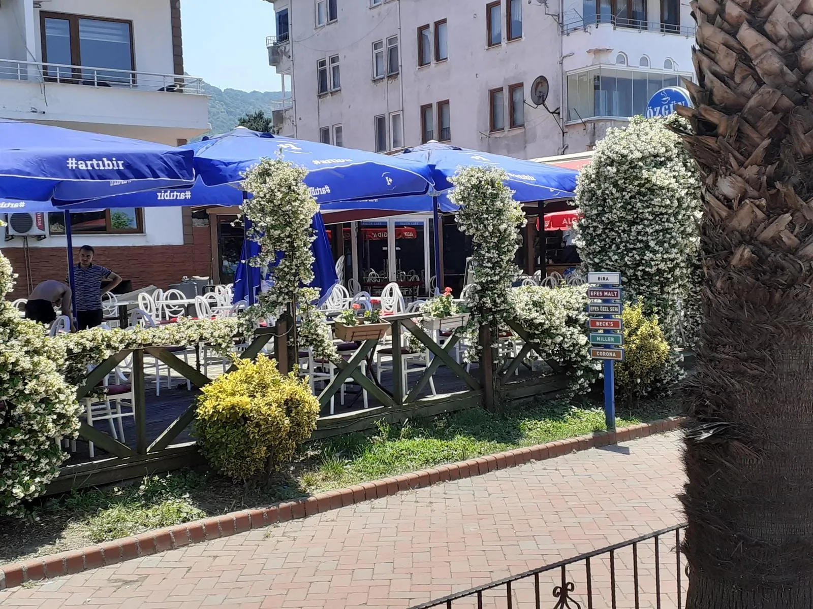 Cafe'nin gündüz açık hava oturma alanı: mavi şemsiyeler, beyaz sandalyeler ve çiçekli çit